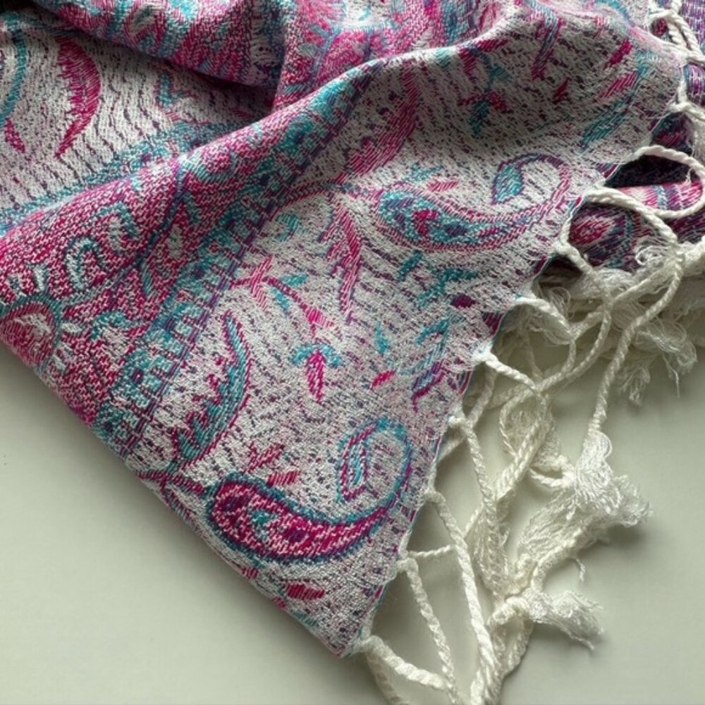 Cashmere wool - Pink Blue Paisley Pashmina Scarf Wrap - Picture 3 of 4
